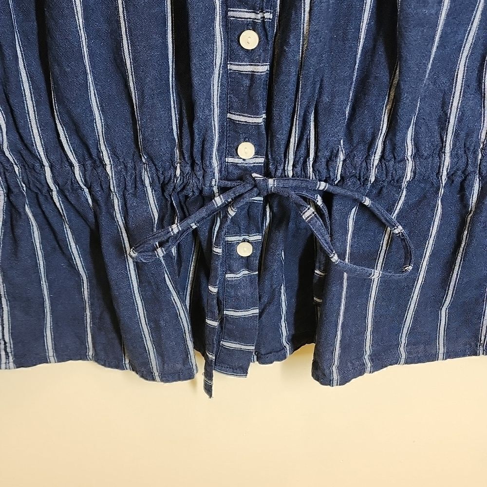 JCREW Linen Blend Denim Top Full Button Front Cinching Waist Contrasting Stripes - Picture 2 of 15